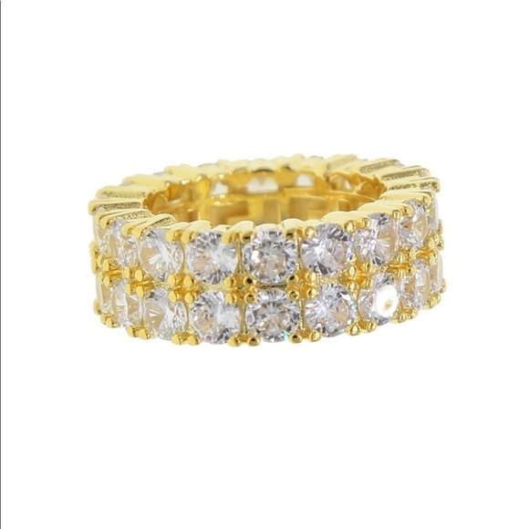 Two Row Cubic Zirconia Yellow Gold Plated Band Ring Wedding Sz 9 - Picture 1 of 10